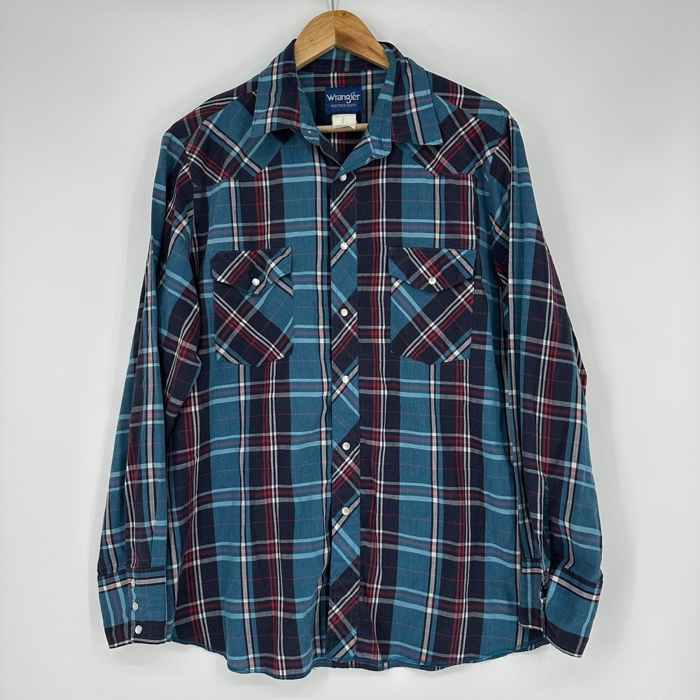 vintage Wrangler teal plaid large pearl snap western shirt flap chest pockets